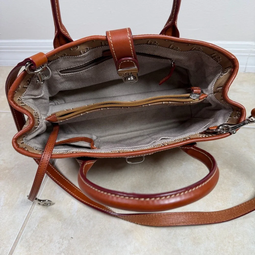Dooney & Bourke Brown DB Monogram Canvas Leather Satchel Tote Bag Medium